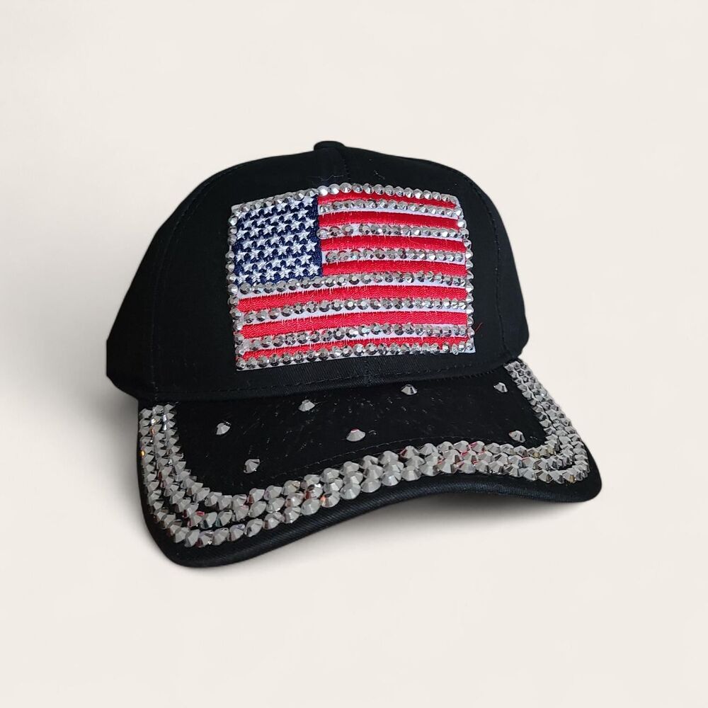 NEW Womans American Flag Patriotic Flag Sparkle Rhinestone Bling Black Hat Cap